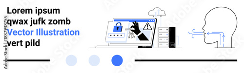 Laptop screen with biometric and data lock elements, server stack, warning message, human profile with airflow. Ideal for cybersecurity, privacy, biometrics, data security, IT infrastructure digital