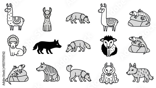Animal collection llama wolf lizard icons in vector design