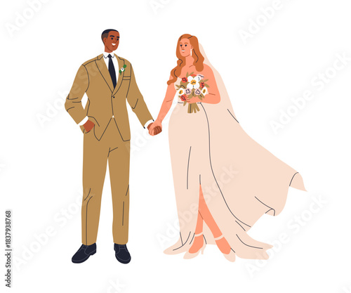 Bride and groom on wedding day. Happy mixed race love couple holding hands at marriage ceremony. Newlywed family marrying, looking at each other. Flat vector illustration isolated on white background
