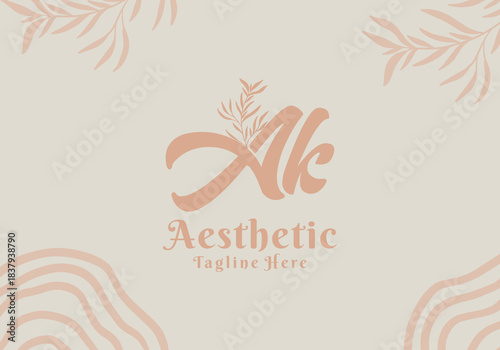 Brush style Ak initial letter logo with aesthetic leaf accents