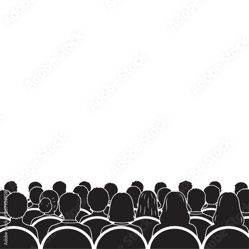 Silhouette of audience crowd sitting in cinema or theater rows. Back view of people heads watching a movie, presentation or performance vector illustration isolated on white background.
