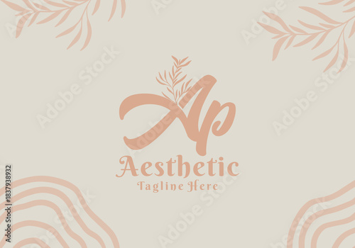 Brush style Ap initial letter logo with aesthetic leaf accents