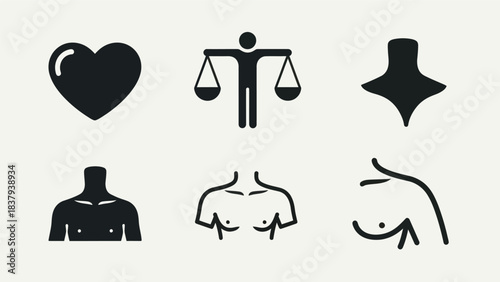 Abstract illustration of human body parts and symbols in solid black vector form