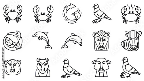 Animal icons set crab dolphin pigeon and mammal line drawings