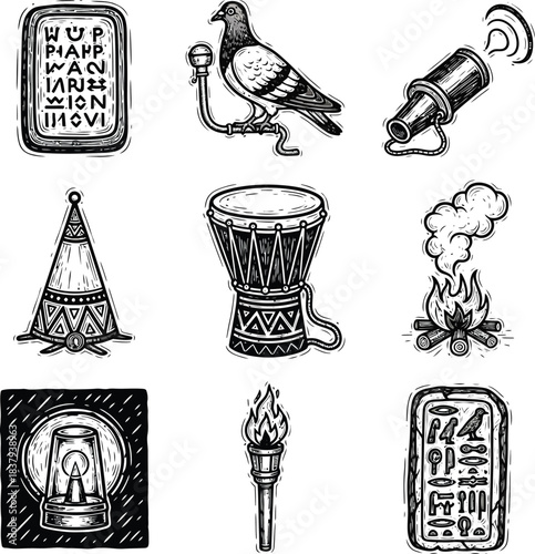 Linocut-style vector icons of uncommon ancient communication tools with bold carved textures and minimal design