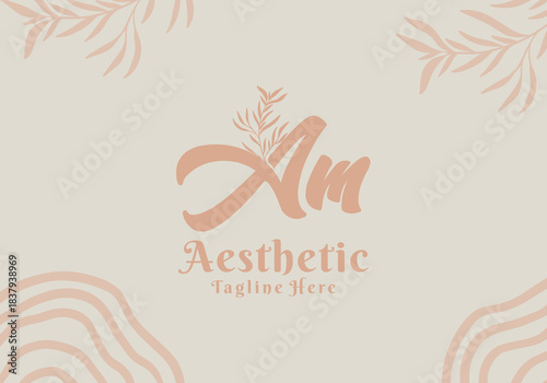 Brush style Am initial letter logo with aesthetic leaf accents
