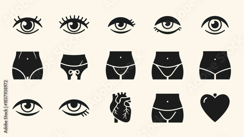 Abstract illustration of human body parts and anatomical icons in monochrome style