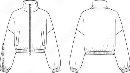 Women's cropped windbreaker jacket technical fashion flat sketch template, high stand collar zip-up outerwear with patch pockets and elasticated waist.