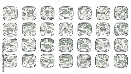 Abstract illustration of square water features with varied patterns and elements