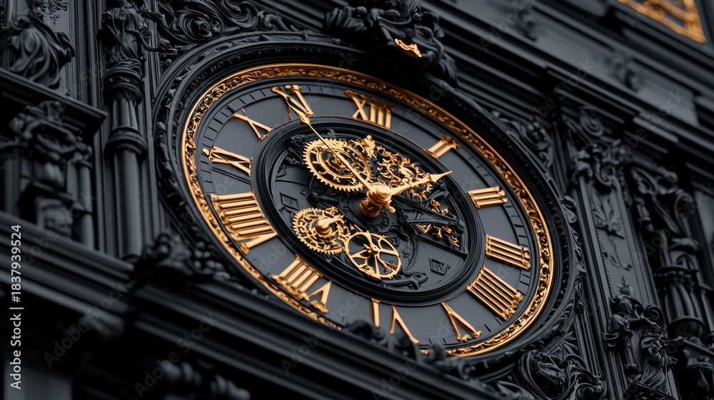 Fototapeta premium Close-up of a large, ornate clock with Roman numerals and golden hands against a dark, detailed facade