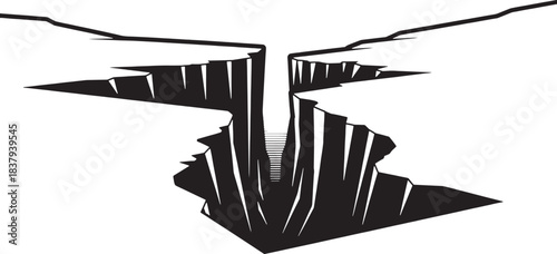 Black silhouette of a deep crack in the ground with stairs