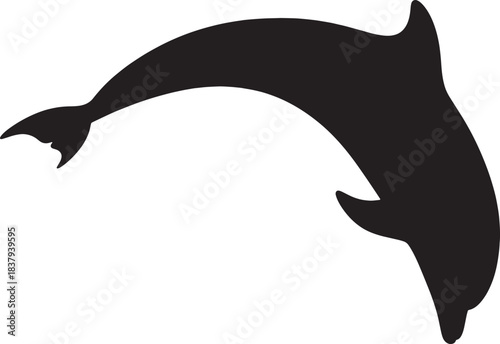 Black silhouette of a dolphin jumping on a white background Keywords: dolphin, marine, ocean