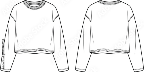 Women's oversized cropped fleece sweater technical fashion flat sketch template, dropped shoulder long sleeve sweatshirt design vector illustration mock-up.