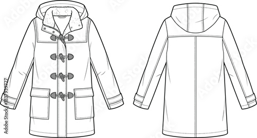 Women's or Unisex classic duffel coat technical fashion flat sketch template, long length with toggle and rope loop closures, hood, and flap patch pockets detail.