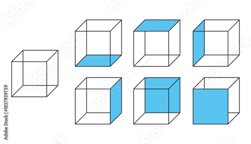 立方体の面を選択するユーザーインターフェースのアイコンセット。CADソフトのUIのベクターイラスト。背景が透過された素材