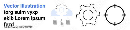 Technology, cloud storage, industrial processes, data management, operational workflows, precision tools. Gear icons with cloud and document flow. Technology and cloud storage concepts