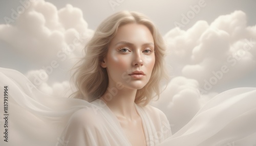 A serene portrait of a woman surrounded by soft luminous clouds in warm pale light conveying ethereal calm and gentle presence in a minimal airy scene