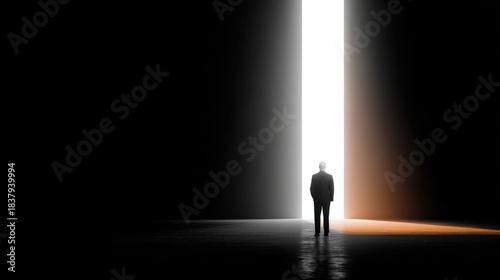 Man in suit standing in dark room facing bright light doorway with reflection