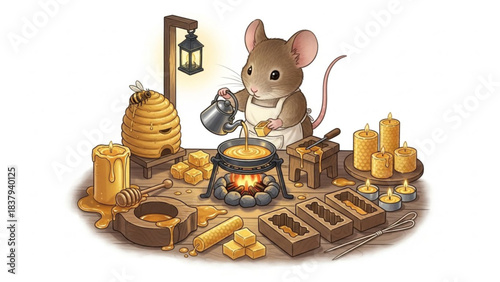 Mouse making honey candles in workshop