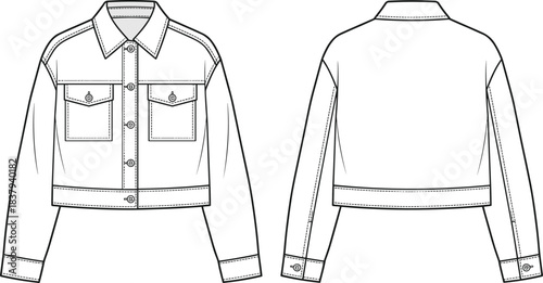 Women's stylish cropped denim jacket technical fashion flat sketch template, dropped shoulder long sleeve trucker design with buttoned chest patch pockets.