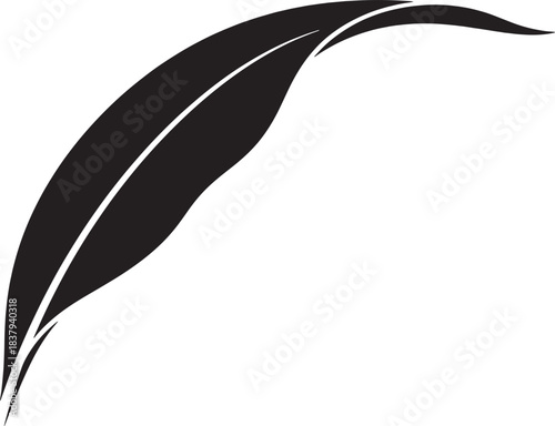 Black silhouette of a single curved leaf isolated white background