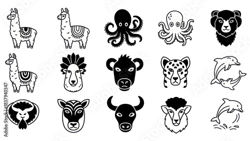 Black and white animal icons llama octopus bear and others