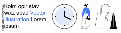 Time management, retail, work productivity, organization, shopping habits, business strategy. A clock, person with a notebook and shopping bag with a tag. Time management and retail concepts