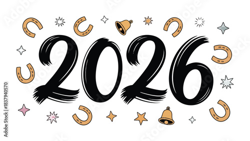 Year 2026 Celebration: Illustrative composition showcasing the year 2026, embellished with festive elements, perfect for celebrating the new year and future endeavors.