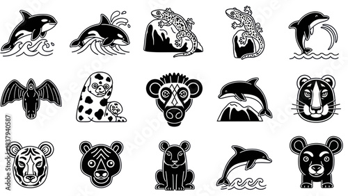 Black and white animal icons orca dolphin lizard bat seal monkey bear