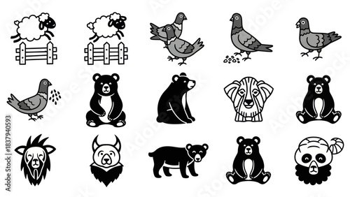 Animal illustrations sheep pigeons bears and diverse wildlife icons