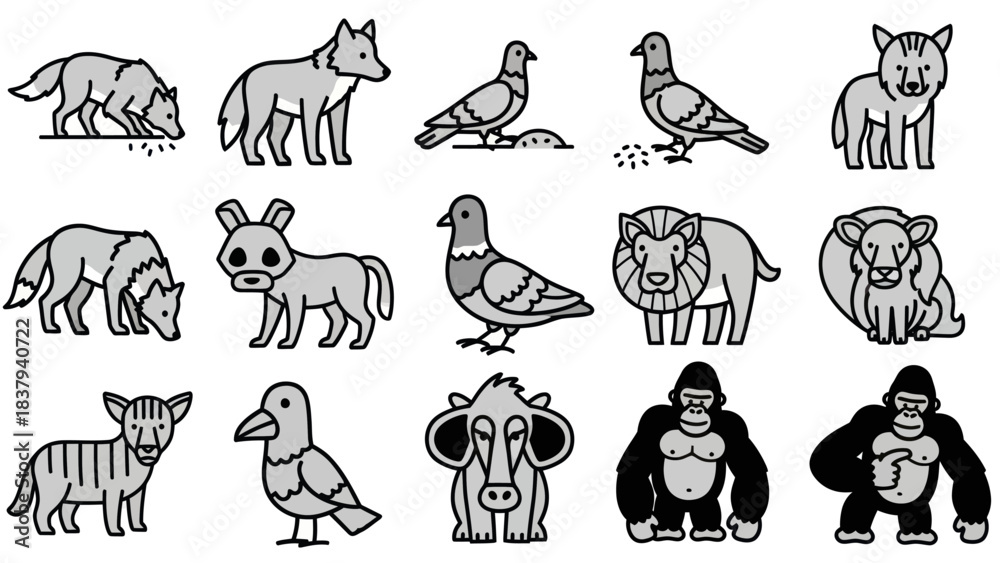 Fototapeta premium Animal illustrations various wildlife icons in minimalist black and white style