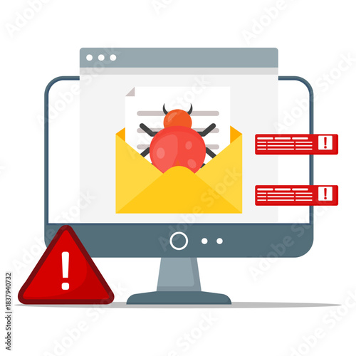Illustration of a computer screen showing a malware-infected email with alert symbols, representing virus threats, cyber attacks, phishing risks, and digital security warnings.