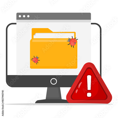 Computer screen with folder, bug warnings, perfect for illustrating online security practices and precautions. Suitable for website cybersecurity articles. 
