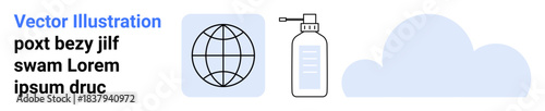 Global communication, hygiene awareness, cloud storage, online networks, public health, digital platforms. A globe icon, sanitizer bottle and cloud shape. Global communication and hygiene awareness