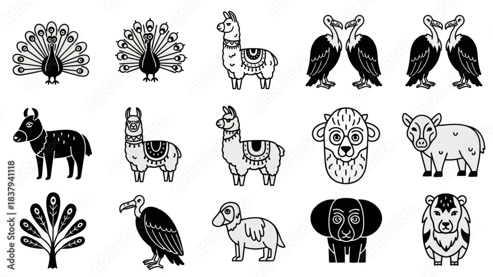 Obraz premium Animal vector icons peacock llama vulture and other wildlife illustrations