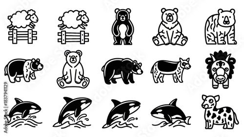 Animal vector icons various mammals and marine creatures