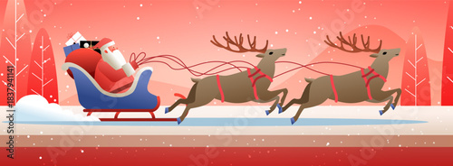 Santa Christmas sleigh reindeer winter landscape snow forest festive gifts red background banner