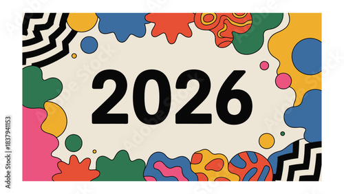 2026: A vibrant and colorful design showcases the year 2026 within a decorative border, offering a futuristic outlook.