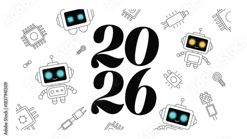 Digital Dawn: Futuristic vision, the year 2026, showcases a lively scene of friendly robots and advanced technology elements, symbolizing innovation and future.