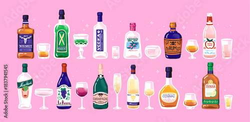 Different bottles and glasses of alcohol set. Wineglasses, shots and containers of hard liquors, whiskey, red and white wine, champagne, gin, vodka and tequila. Flat isolated vector illustrations
