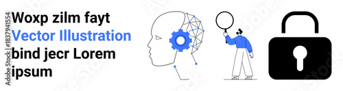 Human profile with interconnected nodes and gear, person with magnifying glass, lock icon. Ideal for AI, innovation, cybersecurity, research, education, analytics simple landing page