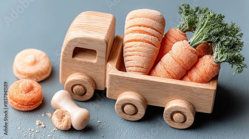 “Rainbow Cargo” charity poster: wood truck + 4-color food overhead, ample blank for slogan—subway lightbox or outdoor print hi-res file