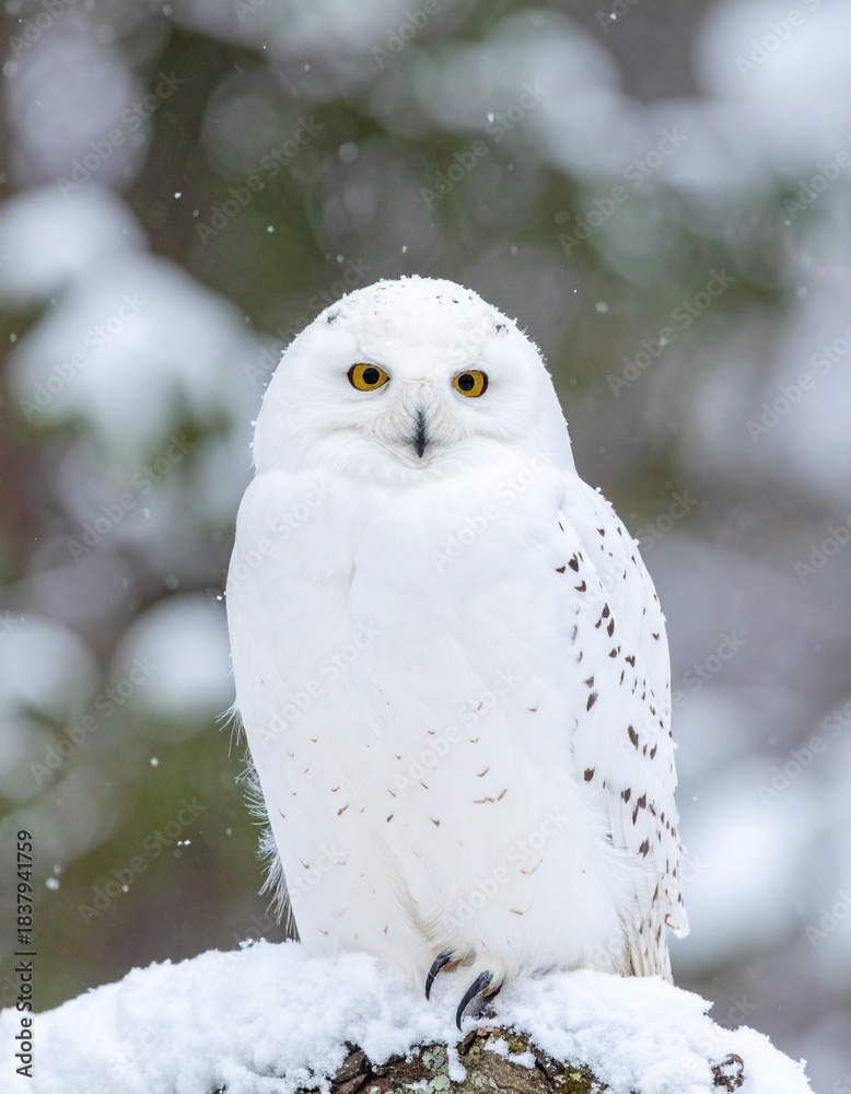 Fototapeta premium Cute white polar baby owl on frozen snowy tree branch in wintertime.