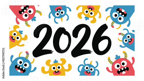 Monster 2026: An illustrated composition of quirky monsters playfully surrounds the year 2026, set against a cheerful backdrop of playful fun.