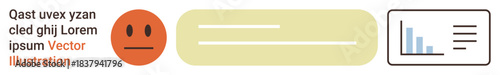 Data analysis, user feedback, surveys, online metrics, information display, reporting tools. Includes face icon, text field and bar graph. Data analysis and user feedback concept