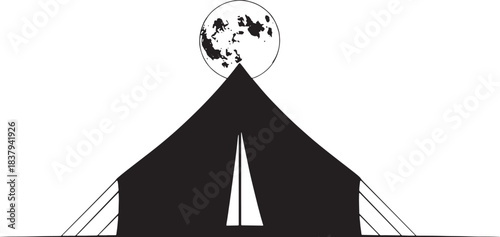 Tent and moon silhouette on white background camping