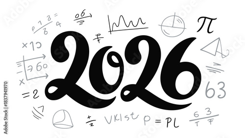 2026 Mathematics concept : A visually stimulating graphic illustrating the concept of the year 2026, set against a backdrop of mathematical symbols and equations.