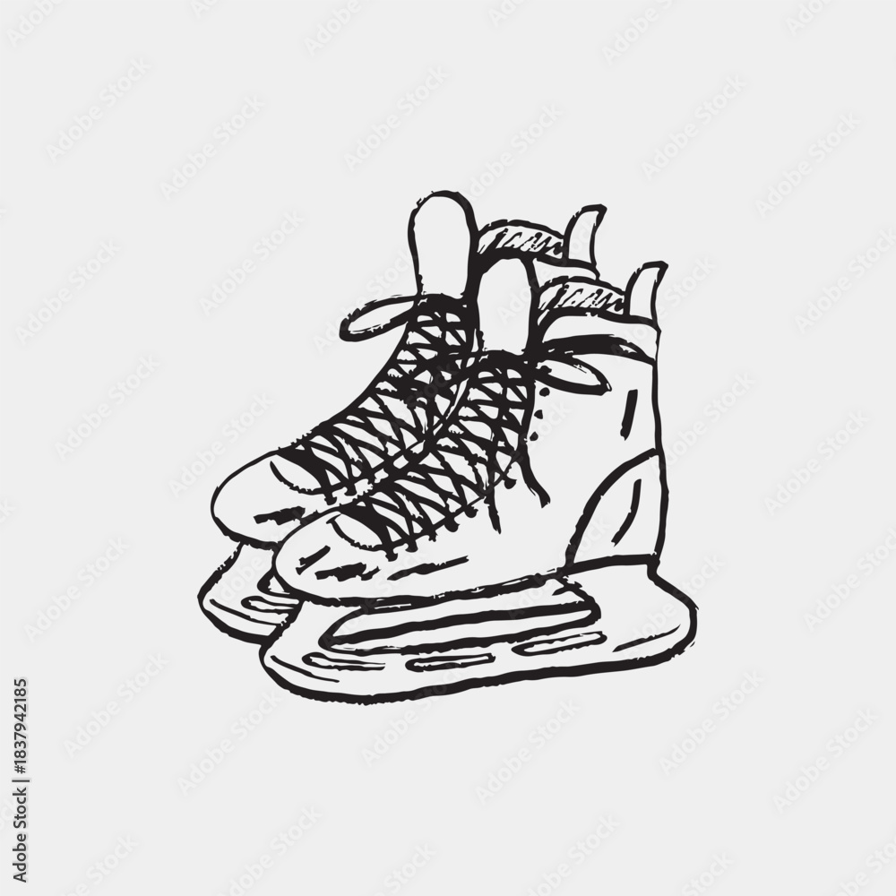 Fototapeta premium Hand drawn male hockey ice skates with laces. Winter sports, skating gear. Vector sketch illustration in vintage crayon charcoal style