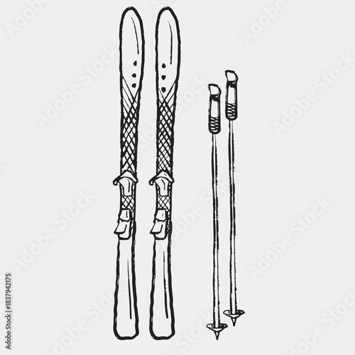 Hand drawn skis with bindings and ski poles, featuring crisscross design and vertical layout. Vector sketch illustration in vintage crayon charcoal style. Winter sports equipment, mountain vacation