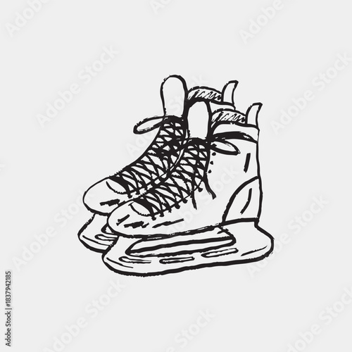 Hand drawn male hockey ice skates with laces. Winter sports, skating gear. Vector sketch illustration in vintage crayon charcoal style